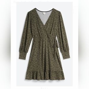 Kaileigh Pamela Knit Faux Wrap Dress Olive Green V-Neck, long sleeve, size large
